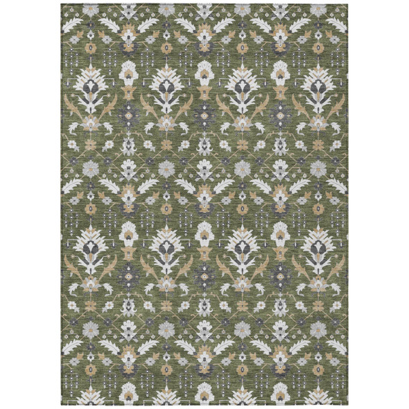 3' X 5' Olive Green And Green Oriental Washable Indoor Outdoor Area Rug