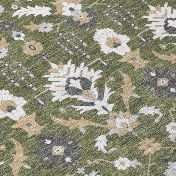 8' Olive Green And Green Round Oriental Washable Indoor Outdoor Area Rug