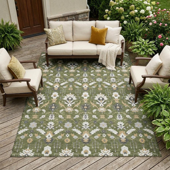 9' X 12' Olive Green And Green Oriental Washable Indoor Outdoor Area Rug