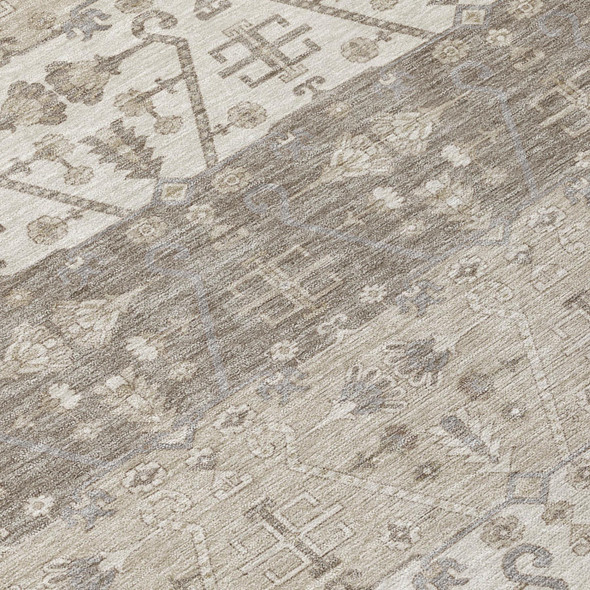 8' Beige And Brown Round Oriental Washable Indoor Outdoor Area Rug