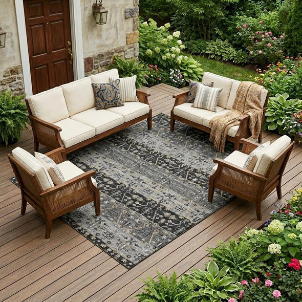 8' X 10' Black And Graphite Oriental Washable Indoor Outdoor Area Rug
