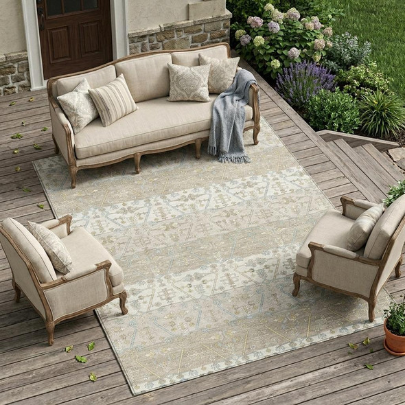 8' X 10' Ivory And Silver Oriental Washable Indoor Outdoor Area Rug