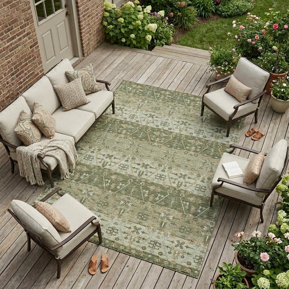 10' X 14' Olive Green And Green Oriental Washable Indoor Outdoor Area Rug
