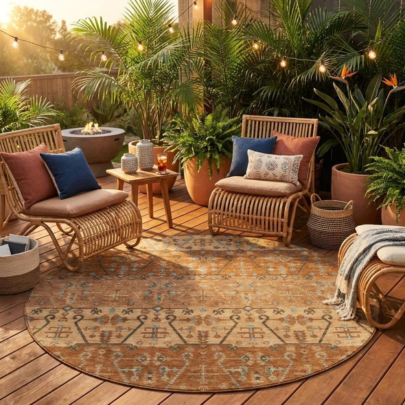 8' Orange And Brown Round Oriental Washable Indoor Outdoor Area Rug