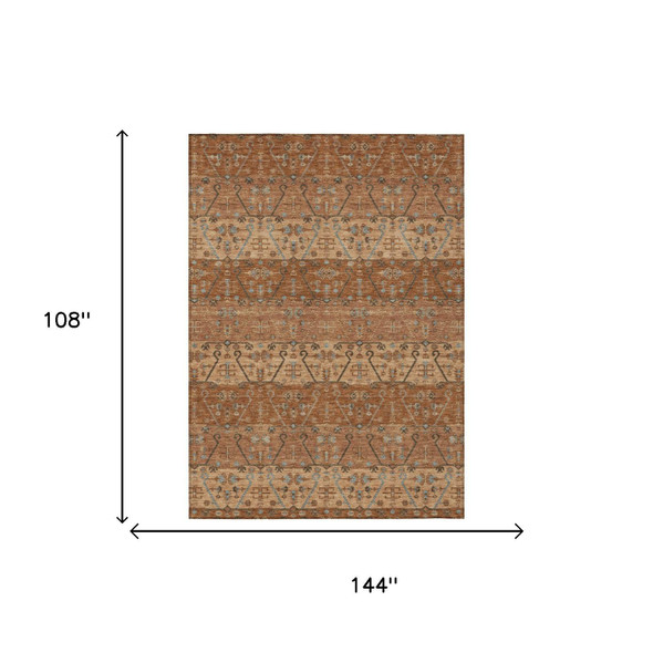 9' X 12' Orange And Brown Oriental Washable Indoor Outdoor Area Rug
