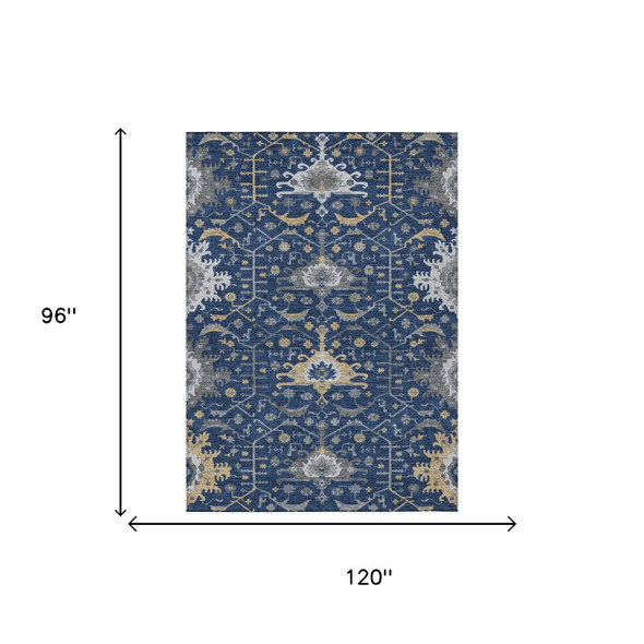 8' X 10' Navy Blue And Blue Oriental Washable Indoor Outdoor Area Rug