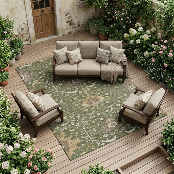 8' X 10' Olive Green And Green Oriental Washable Indoor Outdoor Area Rug