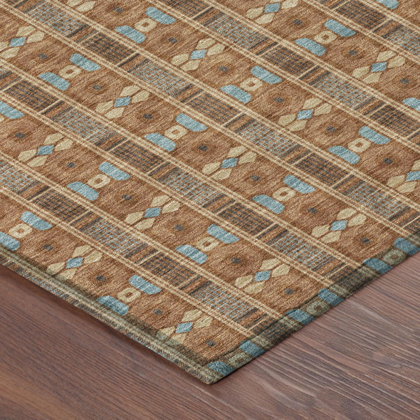 8' X 10' Orange And Teal Blue Striped Washable Indoor Outdoor Area Rug