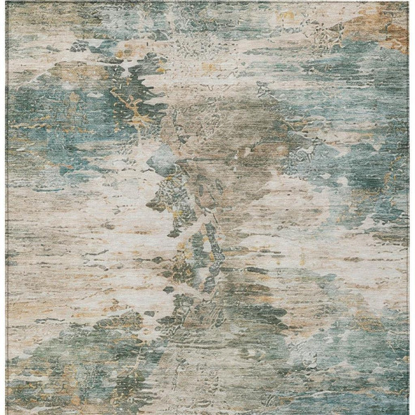 10' X 14' Teal Blue And Beige Abstract Washable Indoor Outdoor Area Rug