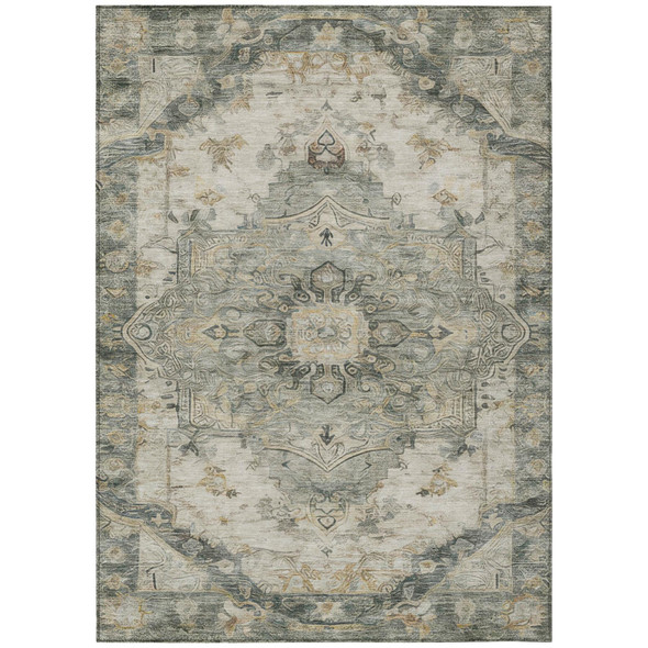 5' X 8' Green And Graphite Floral Medallion Washable Indoor Outdoor Area Rug