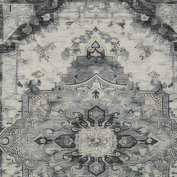 9' X 12' Gray And Graphite Floral Medallion Washable Indoor Outdoor Area Rug