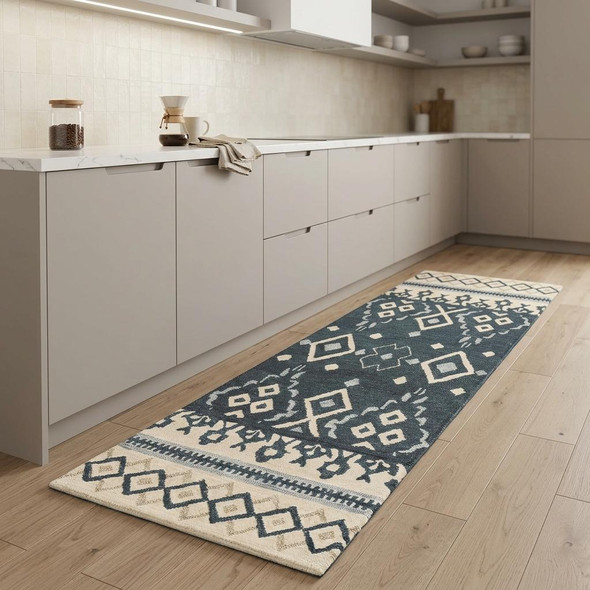 8' Gray Dark Blue And Blue Wool Geometric Hand Tufted Area Rug