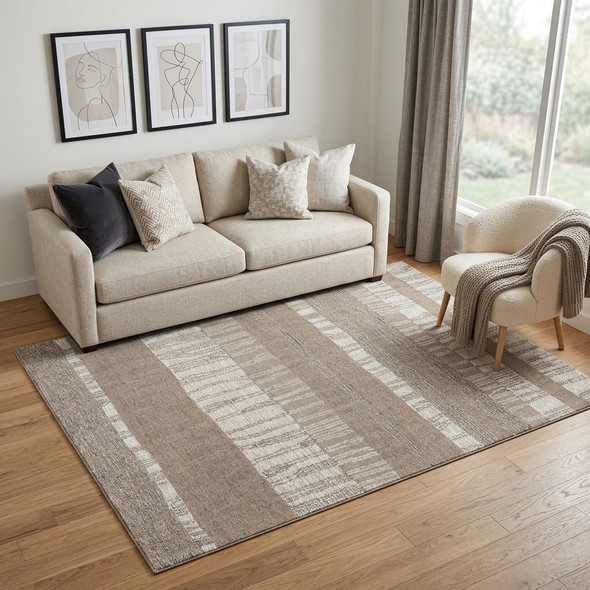 5' X 8' Brown And Natural Wool Striped Hand Tufted Area Rug