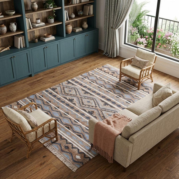 9' X 12' Tan And Blue Jute Geometric Hand Woven Area Rug