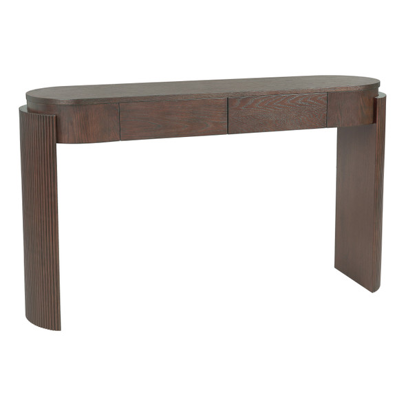 55" Espresso Wood Distressed Oval Double Pedestal Console Table With Two Drawers