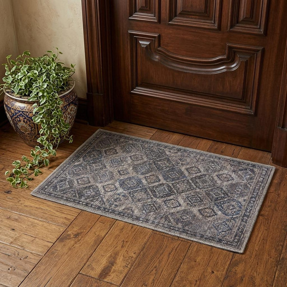 2' X 4' Ivory Latte Oriental Power Loom Distressed Washable Area Rug