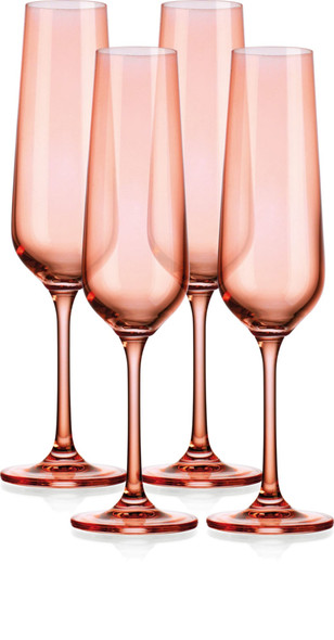 Set of Four Coral Crystal Narrow Stemmed Champagne Flutes
