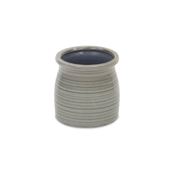 Gray Ceramic 15 Ounce Striped Round Distressed Pot Planter