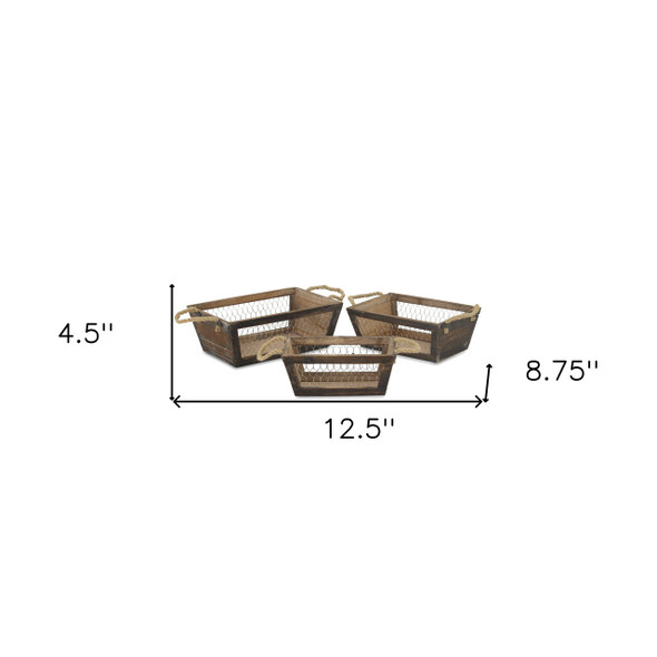 Set of Three Dark Brown Nesting Solid Wood And Metal Crate