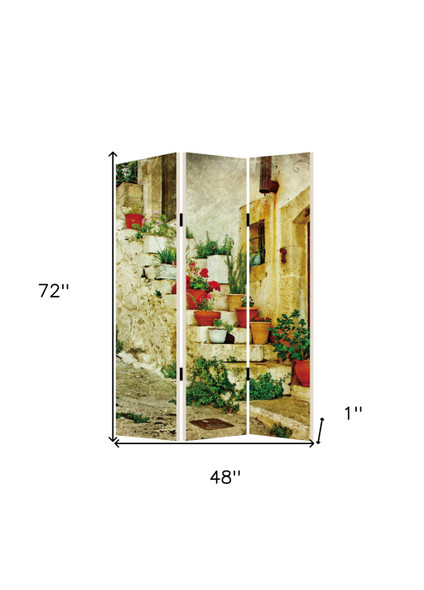 72" Beige Canvas Folding Three Panel Screen Room Divider