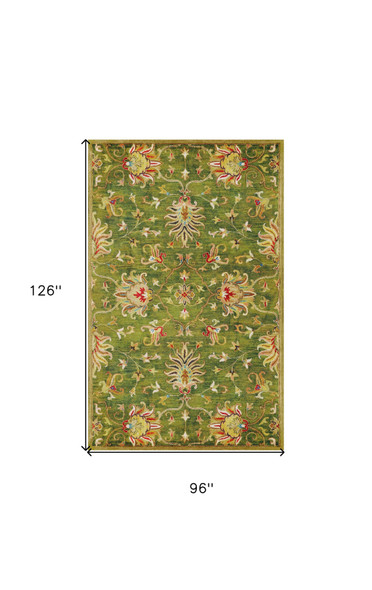 8' X 11' Green Red And Ivory Wool Floral Medallion Hand Tufted Area Rug