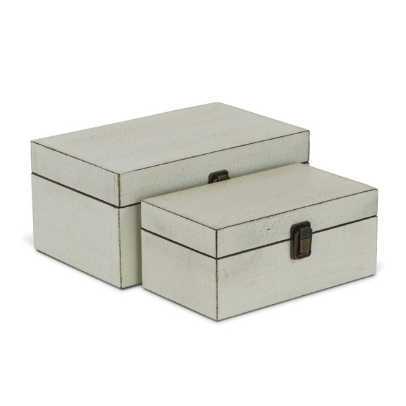 Set of Two Off White Nesting Solid Wood Organizing Box With Lid