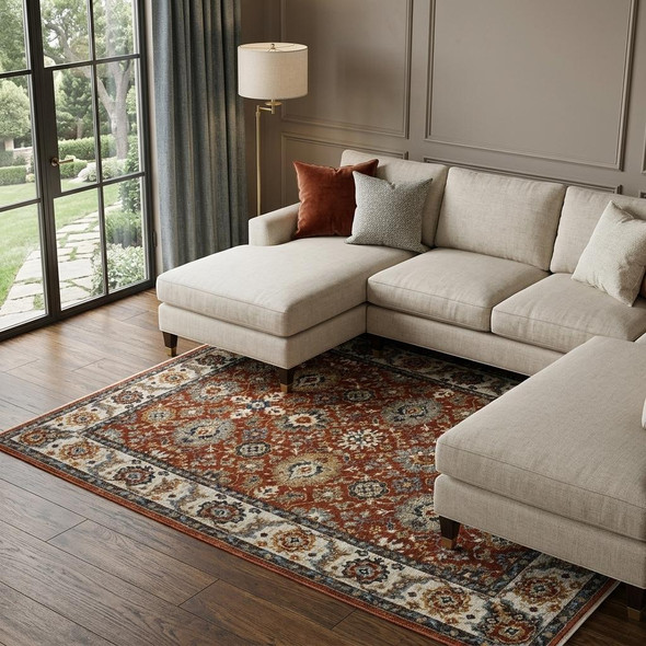 8' X 11' Red Ivory And Orange Oriental Area Rug With Fringe