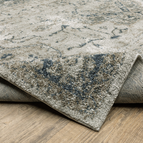 8' Beige And Blue Oriental Distressed Runner Rug