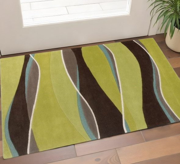 3' X 5' Lime Green Brown And Blue Wool Abstract Hand Tufted Area Rug