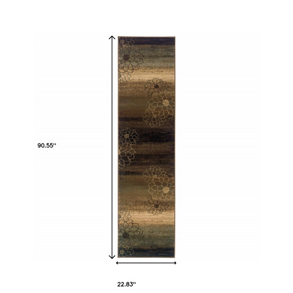 8' Brown Beige And Black Floral Runner Rug