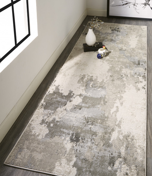 8' Ivory And Gray Abstract Stain Resistant Runner Rug