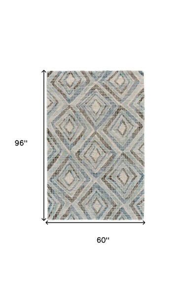 5' X 8' Blue Gray And Ivory Wool Geometric Tufted Handmade Area Rug