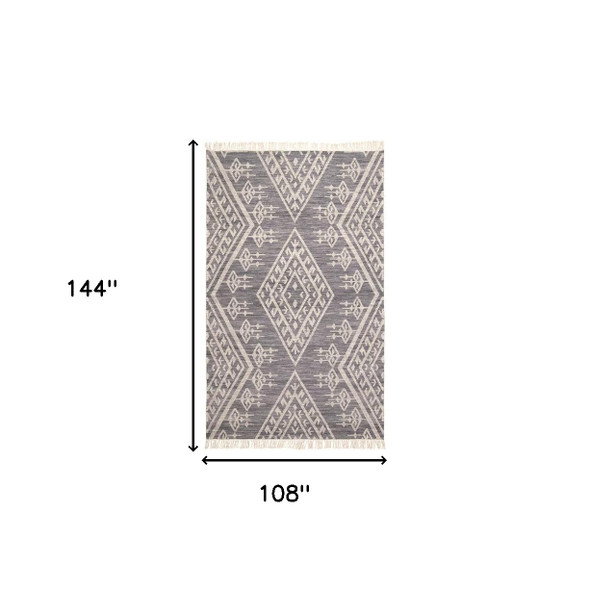 9' X 12' Gray Ivory And Blue Wool Geometric Dhurrie Flatweave Handmade Area Rug With Fringe
