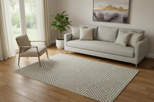 5' X 8' Tan And Ivory Wool Geometric Hand Woven Area Rug With Fringe