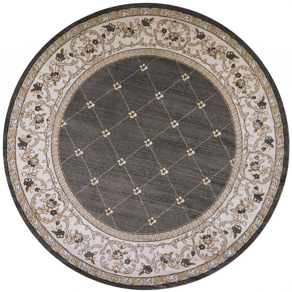 8' Gray And Ivory Floral Round Rug