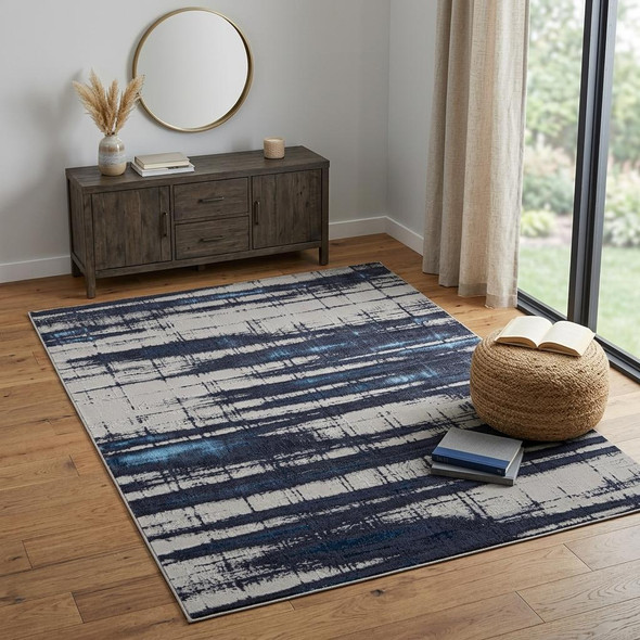 4' X 6' Ivory and Blue Abstract Power Loom Distressed Non Skid Area Rug