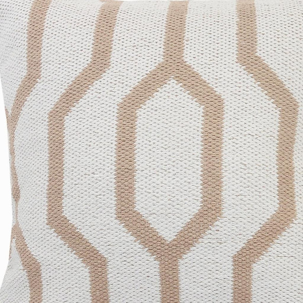 20" X 20" White And Tan 100% Cotton Geometric Zippered Pillow