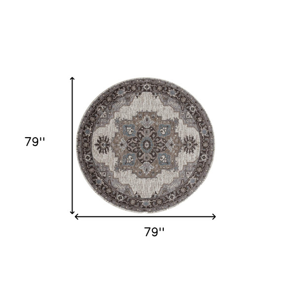 6' Ivory Taupe and Gray Medallion Power Loom Round Rug