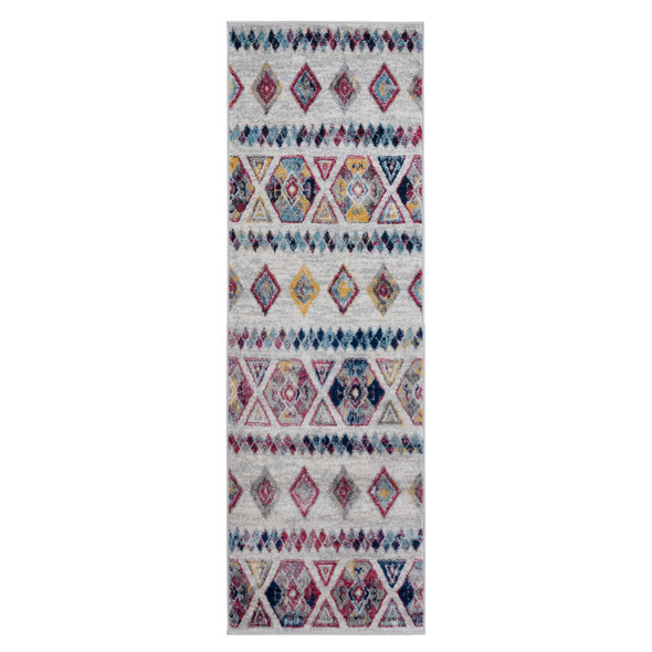6' Ivory Blue and Orange Geometric Power Loom Runner Rug