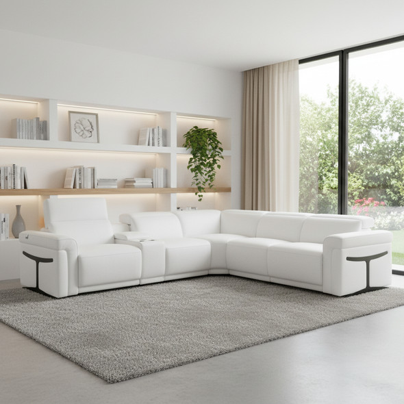 White Italian Leather Modular L Shaped Six Piece Corner Sectional With Console