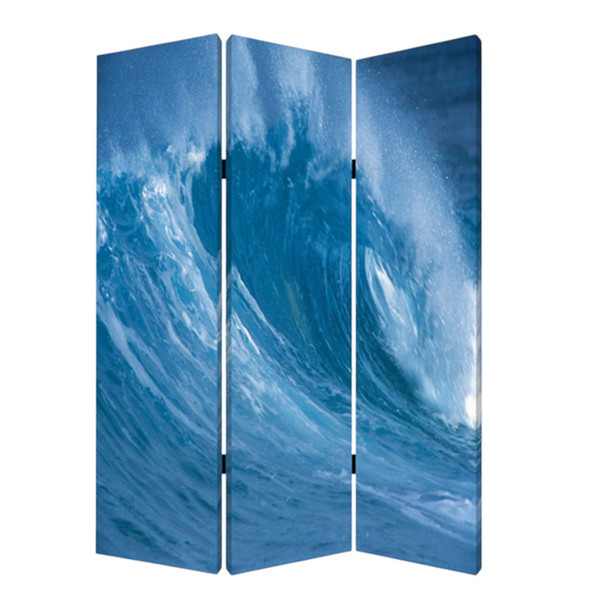 72" Blue And White Canvas Folding Three Panel Screen Room Divider