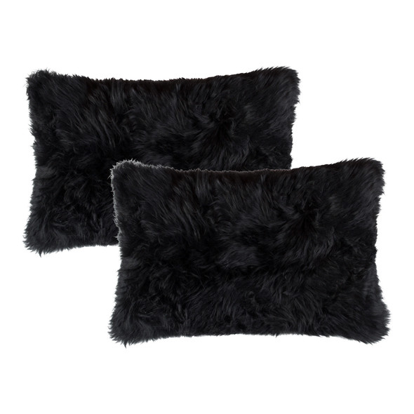 Set of Two 12" X 20" Black Sheepskin Lumbar Throw Pillows