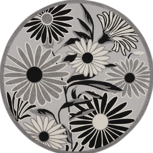 5' Black And White Round Floral Indoor Outdoor Area Rug