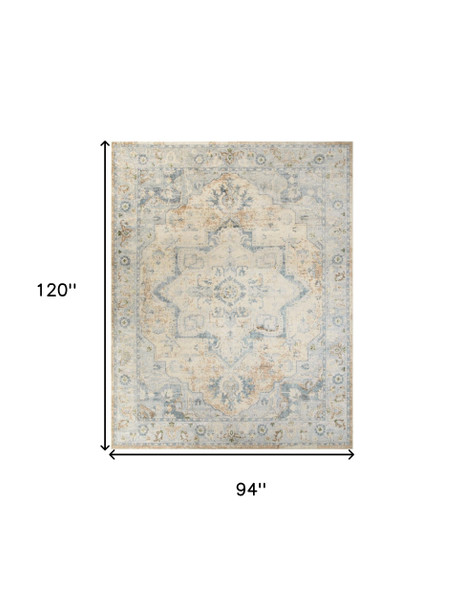 8' X 10' Beige And Blue Floral Medallion Washable Area Rug