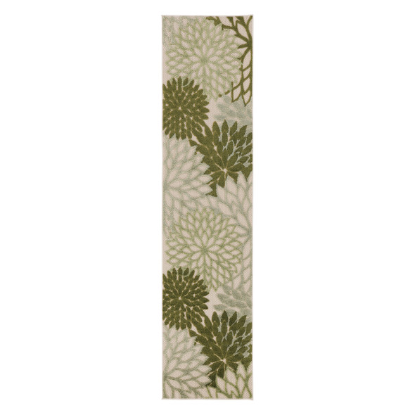 8' Ivory Green And Dark Green Floral Indoor Outdoor Runner Rug