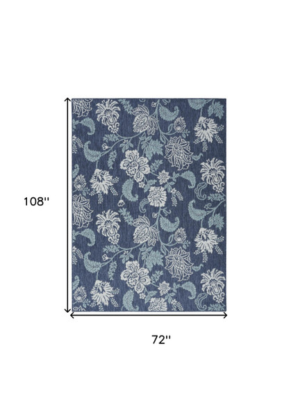 6' X 9' Navy Blue And Ivory Floral Indoor Outdoor Area Rug