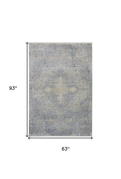 5' X 8' Blue Gray And Cream Floral Non Skid Area Rug With Fringe