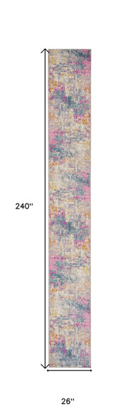 20' Ivory Blue And Yellow Abstract Runner Rug