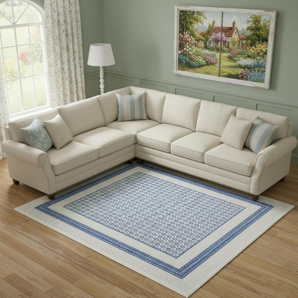 8' X 10' Ivory And Blue Geometric Distressed Area Rug