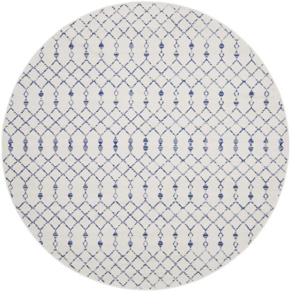 8' Ivory and Blue Geometric Round Rug